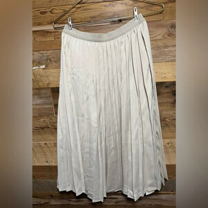 Uniqlo pleated lined satin feel luxurious midi skirt beige office street flowy S